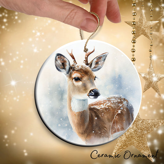 Deer in Winter Forest Ceramic Ornament 38-06