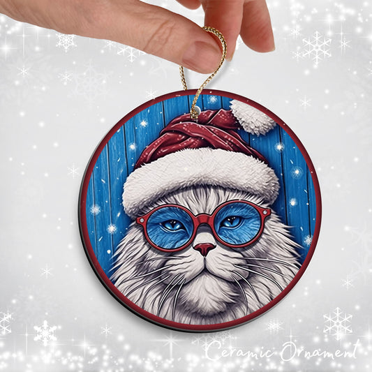 Blue Cat Christmas Ceramic Ornament