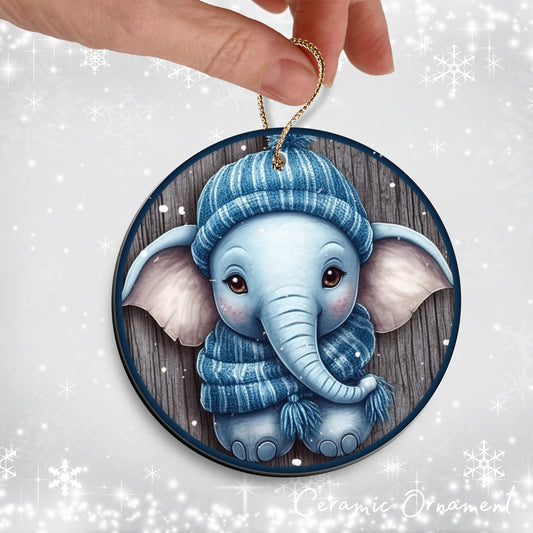 Blue Elephant Christmas Ceramic Ornament