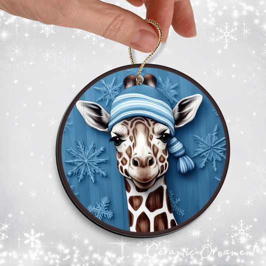 Blue Giraffe Christmas Ceramic Ornament