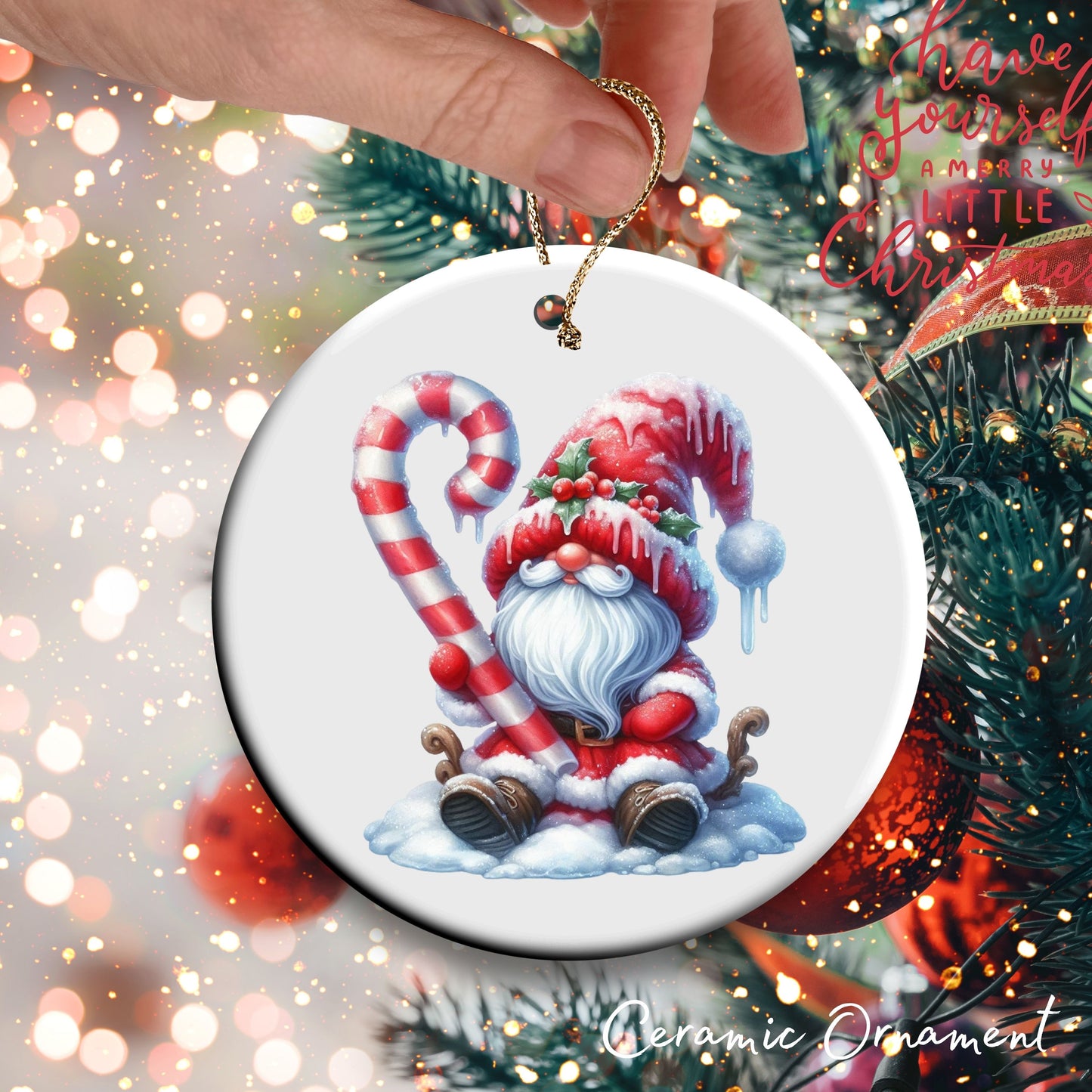 Candy Cane Icing Gnome Ceramic Ornament 50-03