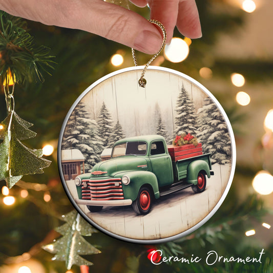 Vintage Farm Red Truck Christmas Ceramic Ornament 01-19