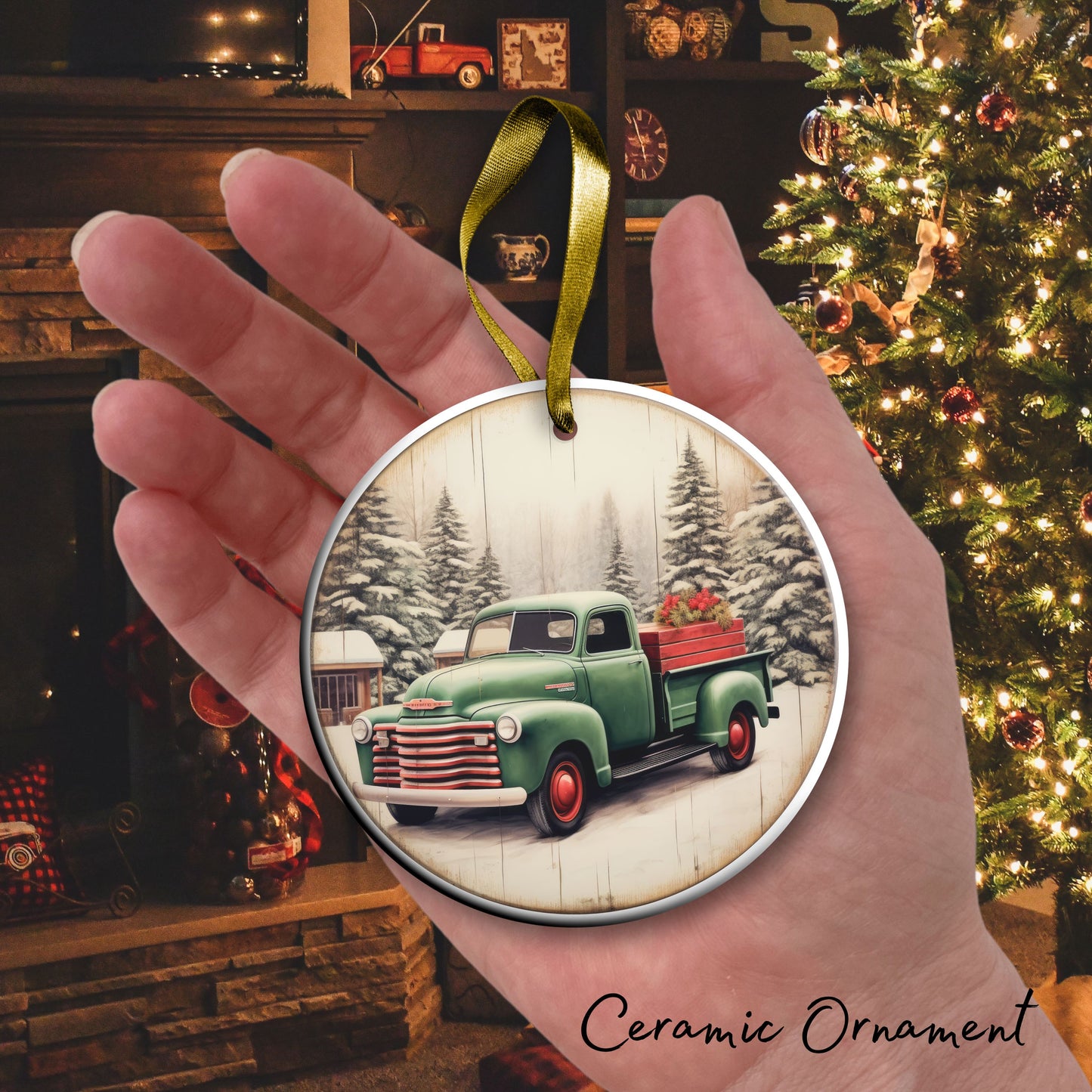 Vintage Farm Red Truck Christmas Ceramic Ornament 01-19