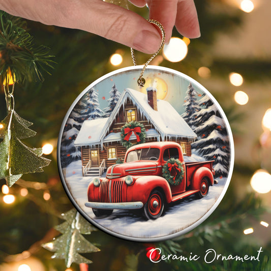 Vintage Farm Red Truck Christmas Ceramic Ornament 01-01