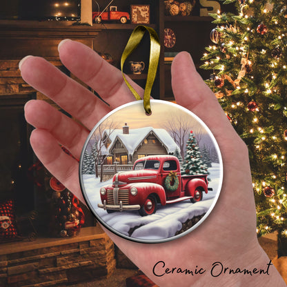 Vintage Farm Red Truck Christmas Ceramic Ornament 01-02