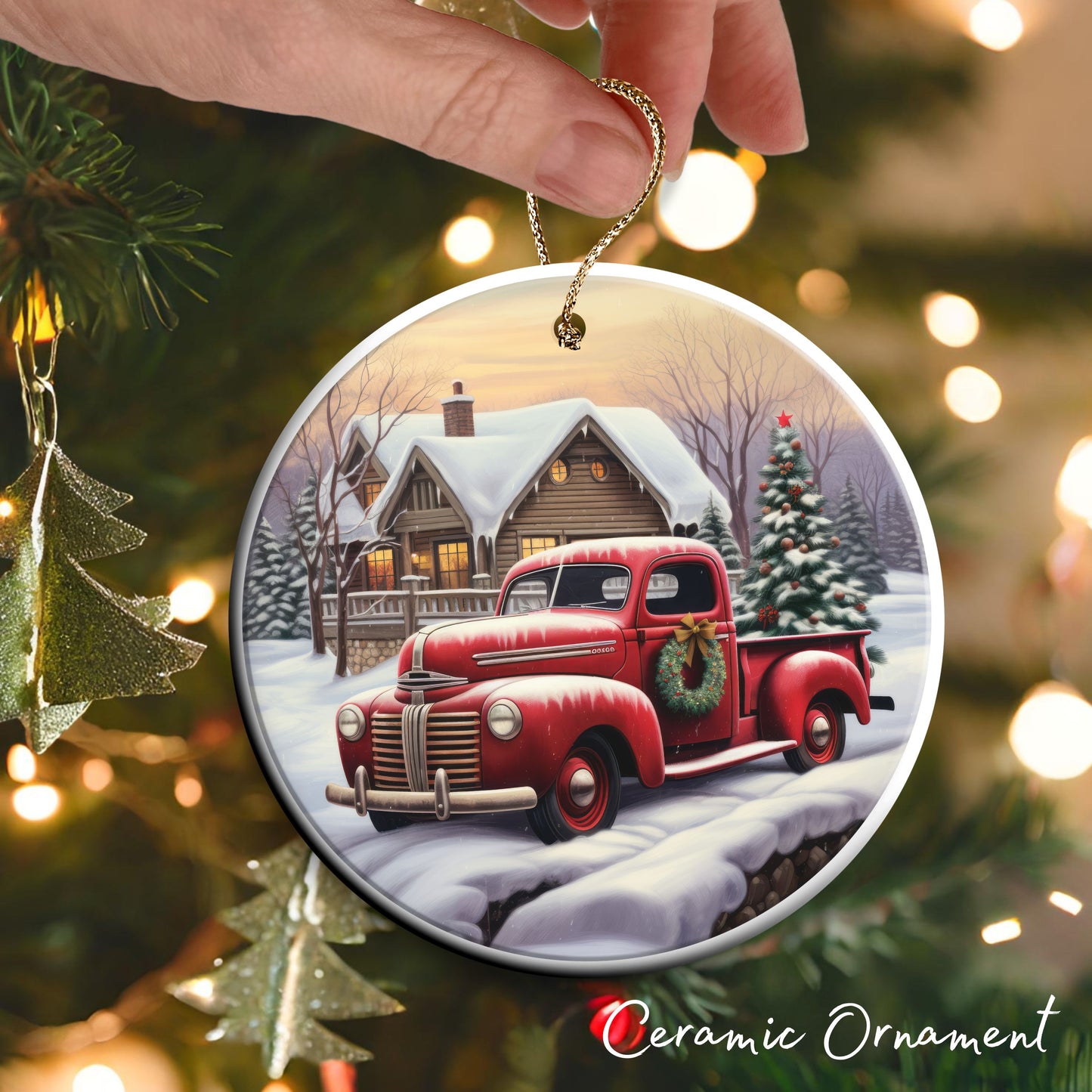 Vintage Farm Red Truck Christmas Ceramic Ornament 01-02