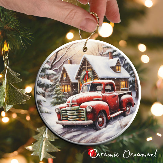 Vintage Farm Red Truck Christmas Ceramic Ornament 01-03