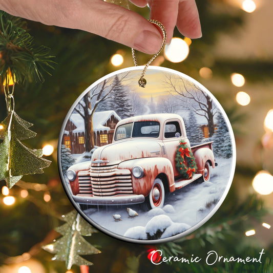 Vintage Farm Red Truck Christmas Ceramic Ornament 01-04