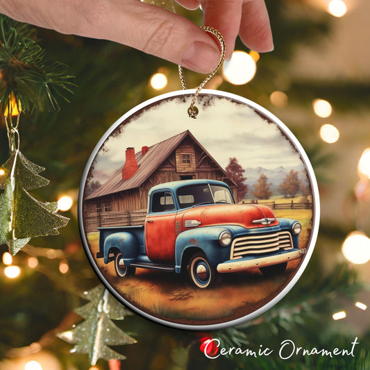 Vintage Farm Red Truck Christmas Ceramic Ornament 01-05