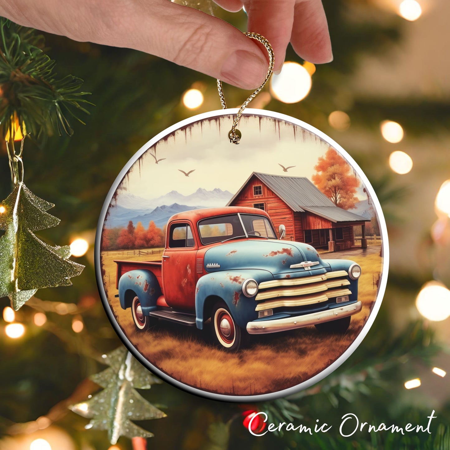 Vintage Farm Red Truck Christmas Ceramic Ornament 01-06