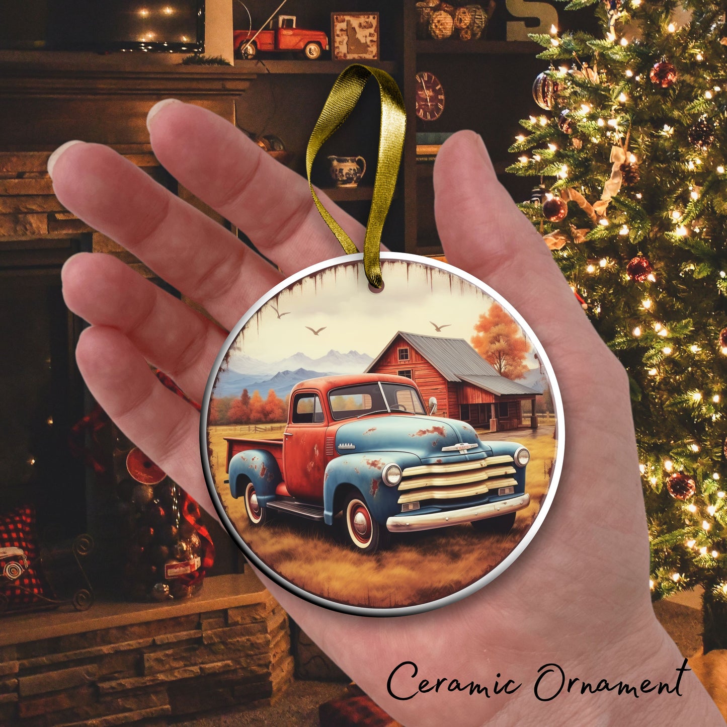 Vintage Farm Red Truck Christmas Ceramic Ornament 01-06