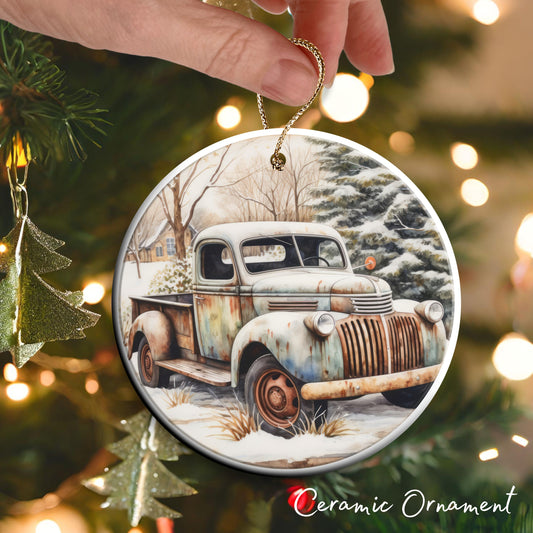 Vintage Farm Red Truck Christmas Ceramic Ornament 01-07