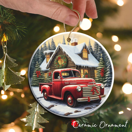 Vintage Farm Red Truck Christmas Ceramic Ornament 01-08