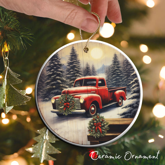 Vintage Farm Red Truck Christmas Ceramic Ornament 01-09