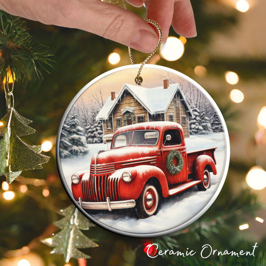 Vintage Farm Red Truck Christmas Ceramic Ornament 01-10