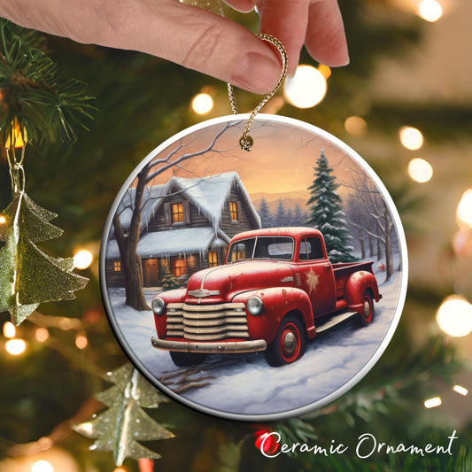 Vintage Farm Red Truck Christmas Ceramic Ornament 01-11