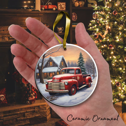 Vintage Farm Red Truck Christmas Ceramic Ornament 01-11