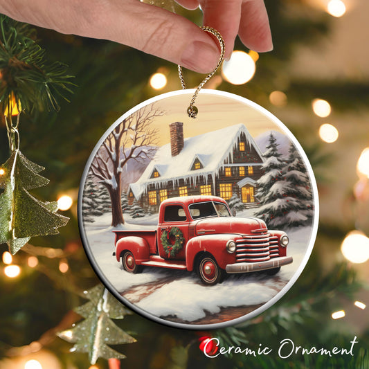 Vintage Farm Red Truck Christmas Ceramic Ornament 01-12