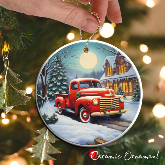 Vintage Farm Red Truck Christmas Ceramic Ornament 01-13