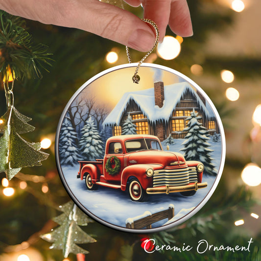 Vintage Farm Red Truck Christmas Ceramic Ornament 01-14