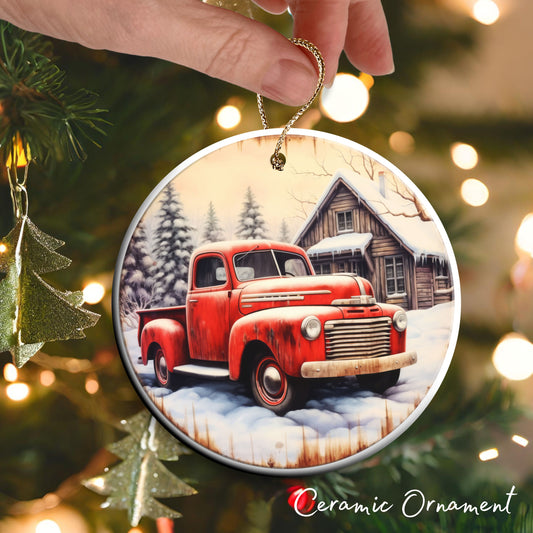 Vintage Farm Red Truck Christmas Ceramic Ornament 01-15