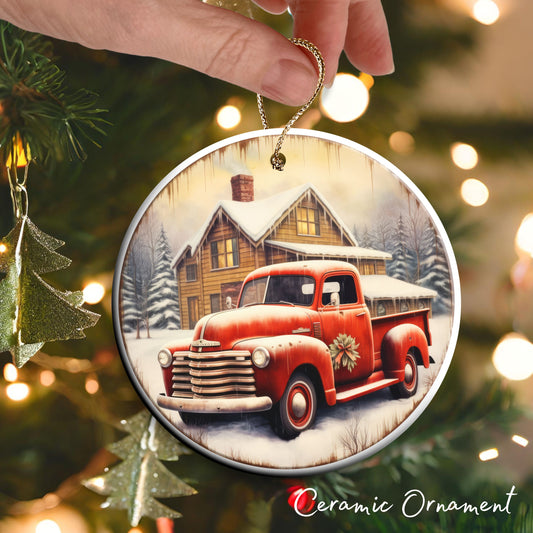 Vintage Farm Red Truck Christmas Ceramic Ornament 01-16