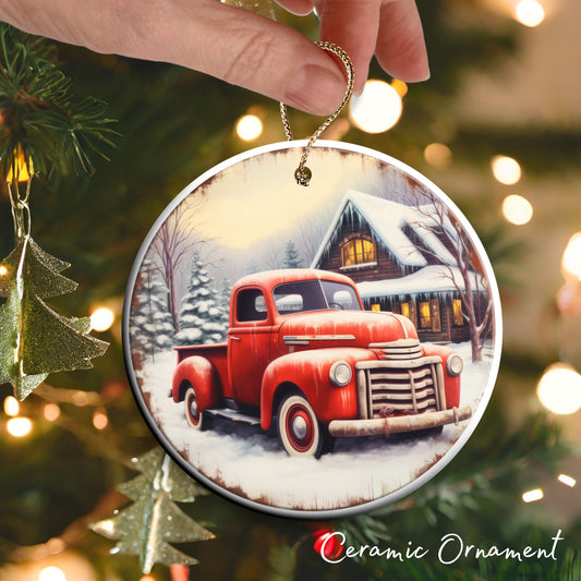 Vintage Farm Red Truck Christmas Ceramic Ornament 01-17