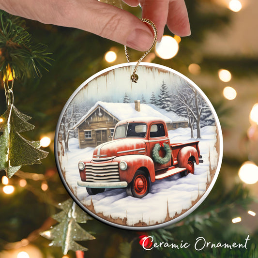 Vintage Farm Red Truck Christmas Ceramic Ornament 01-20