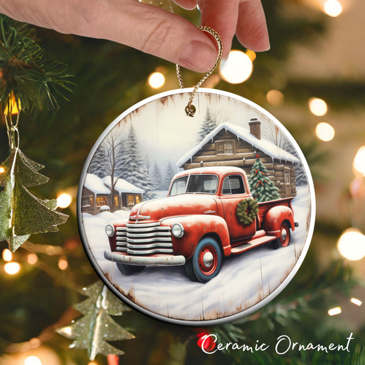 Vintage Farm Red Truck Christmas Ceramic Ornament 01-21