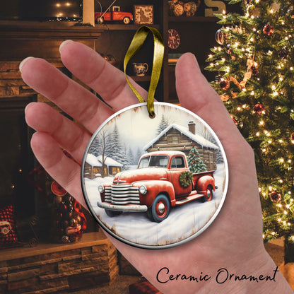 Vintage Farm Red Truck Christmas Ceramic Ornament 01-21