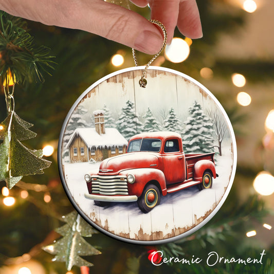 Vintage Farm Red Truck Christmas Ceramic Ornament 01-22