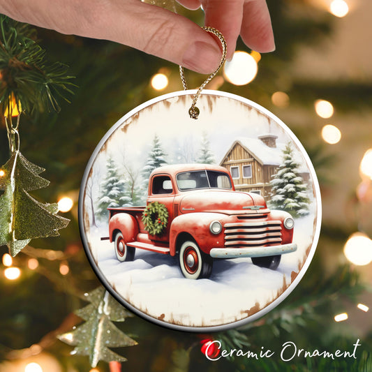 Vintage Farm Red Truck Christmas Ceramic Ornament 01-23