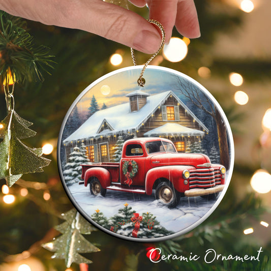 Vintage Farm Red Truck Christmas Ceramic Ornament 01-24