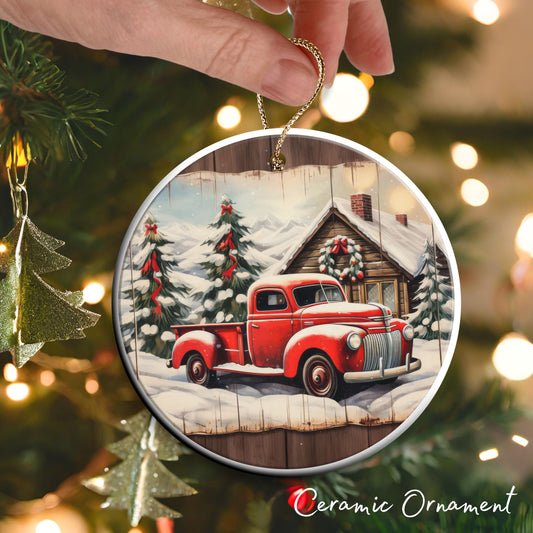 Vintage Farm Red Truck Christmas Ceramic Ornament 01-25