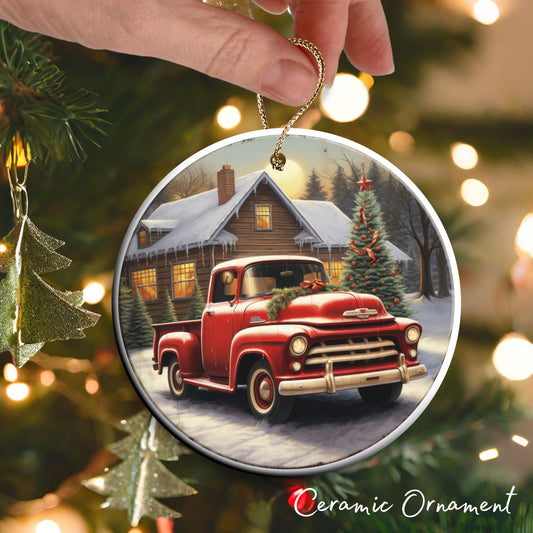 Vintage Farm Red Truck Christmas Ceramic Ornament 01-26