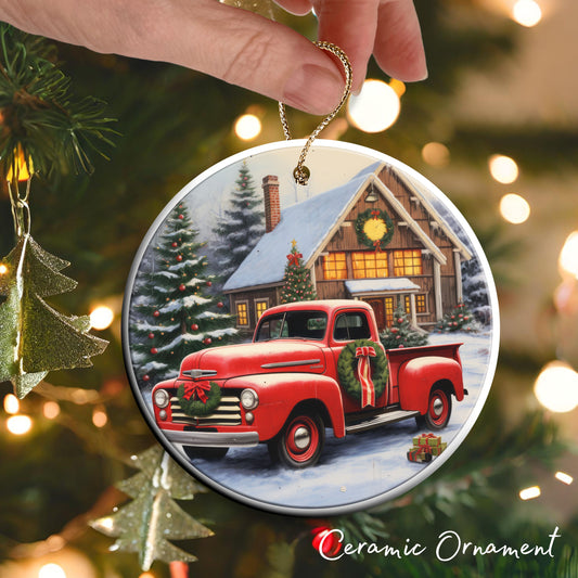 Vintage Farm Red Truck Christmas Ceramic Ornament 01-27