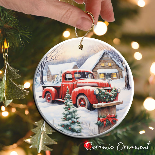 Vintage Farm Red Truck Christmas Ceramic Ornament 01-28