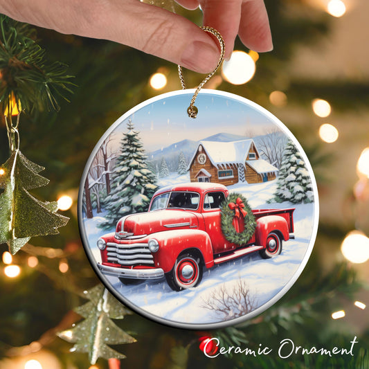 Vintage Farm Red Truck Christmas Ceramic Ornament 01-29