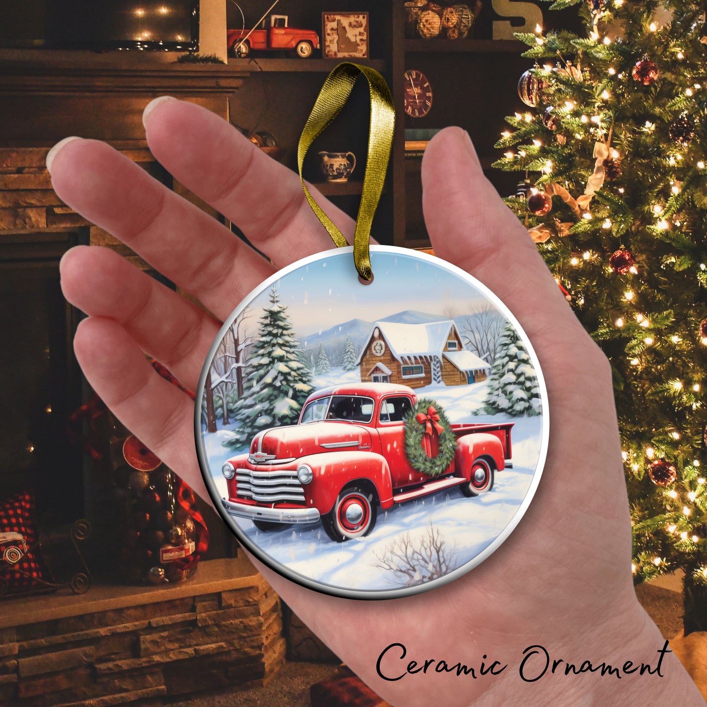 Vintage Farm Red Truck Christmas Ceramic Ornament 01-29