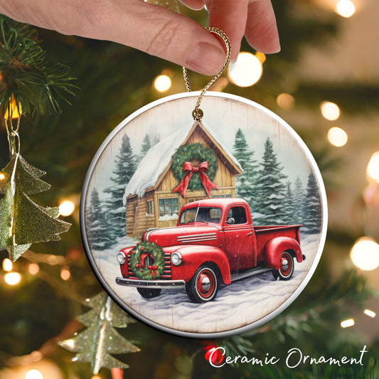 Vintage Farm Red Truck Christmas Ceramic Ornament 01-30