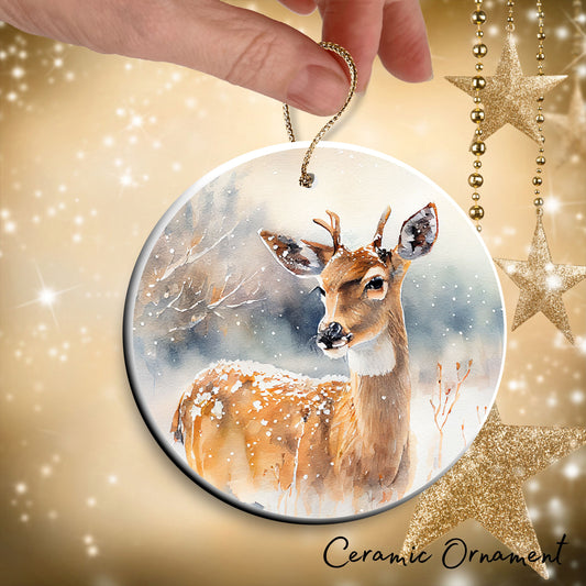 Deer in Winter Forest Ceramic Ornament 38-01