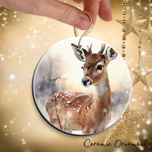 Deer in Winter Forest Ceramic Ornament 38-02