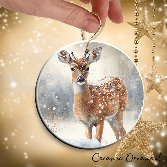 Deer in Winter Forest Ceramic Ornament 38-03