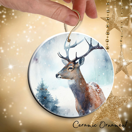 Deer in Winter Forest Ceramic Ornament 38-04