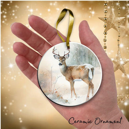 Deer in Winter Forest Ceramic Ornament 38-05