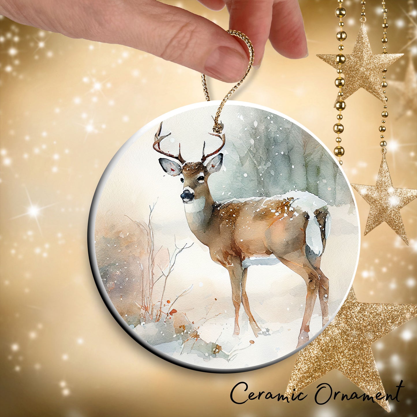 Deer in Winter Forest Ceramic Ornament 38-05