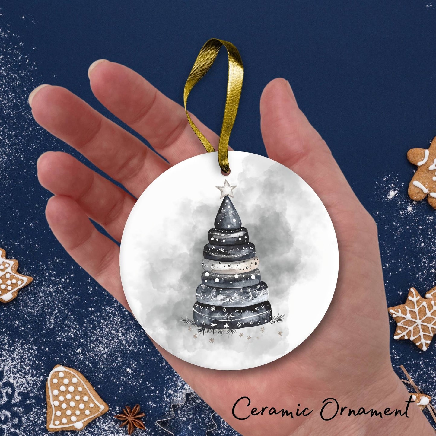 Gothic Christmas Decor Monochrome Black and White Ceramic Ornament 65-09