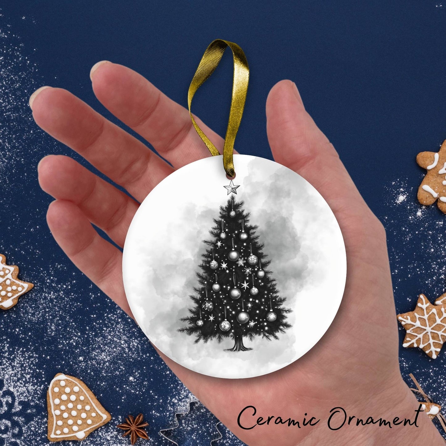 Gothic Christmas Decor Monochrome Black and White Ceramic Ornament 65-30