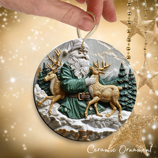 Christmas Santa with Deer Ceramic Ornament 34-24