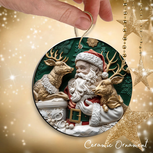 Christmas Santa with Deer Ceramic Ornament 34-31